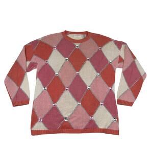 Vintage Express Tricot Argyle Sweater Pink Coral Silver Metallic Sweater Women M